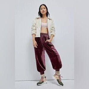 Anthropologie Gloria Velvet Joggers in Wine/Bordeaux, Size S